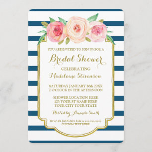 Navy Stripes Gold Pink Floral Bridal Shower Invitation