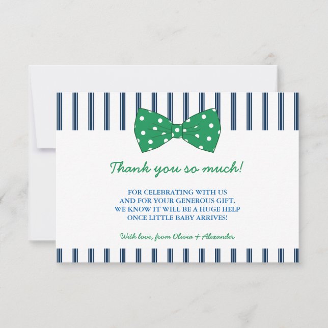 Navy Stripes & Green Bow | Baby Shower Thank You Card (Front)