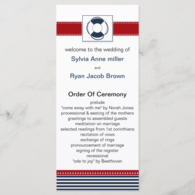 navy stripes, lifebuoy , nautical wedding programs (Front)