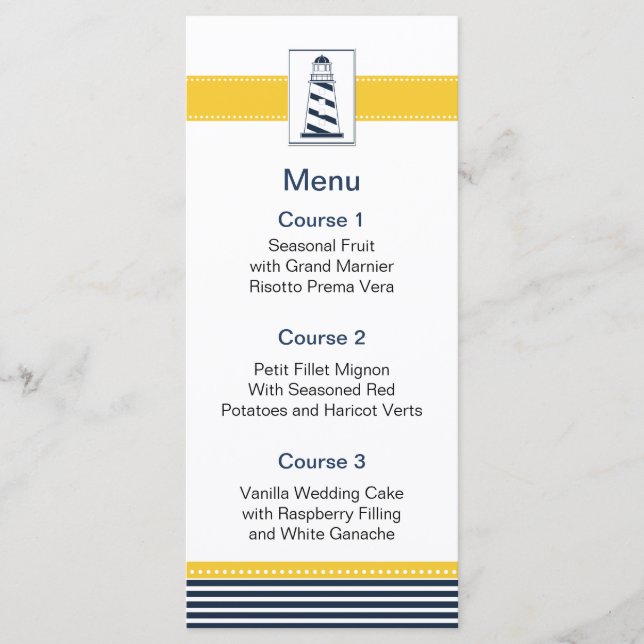 navy stripes,lighthouse, nautical menu cards (Front)