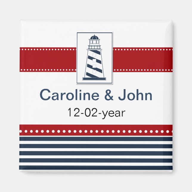 navy stripes,lighthouse, nautical save the date magnet (Front)