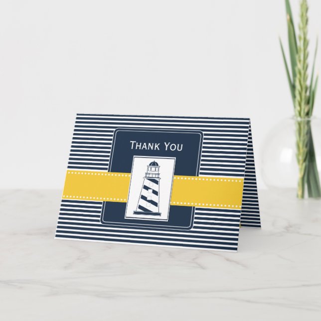 navy stripes,lighthouse, nautical  Thank you Card (Front)