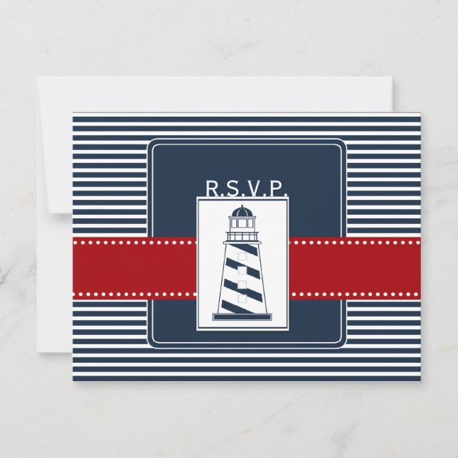 navy stripes,lighthouse nautical wedding rsvp (Front)