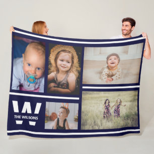 Navy Stripes Multiple Photos Custom Monogram Fleece Blanket