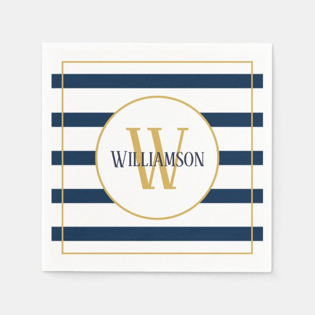 Navy Stripes Nautical Personalized Monogram Name Napkin (Front)