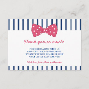 Navy Stripes & Pink Bow   Baby Shower Thank You Card