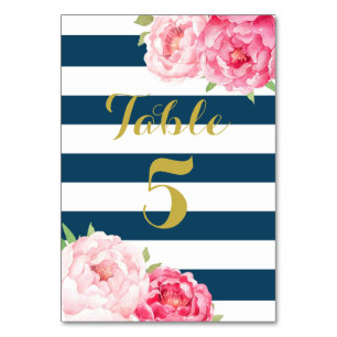 Navy Stripes Pink Floral Wedding Table Number Card