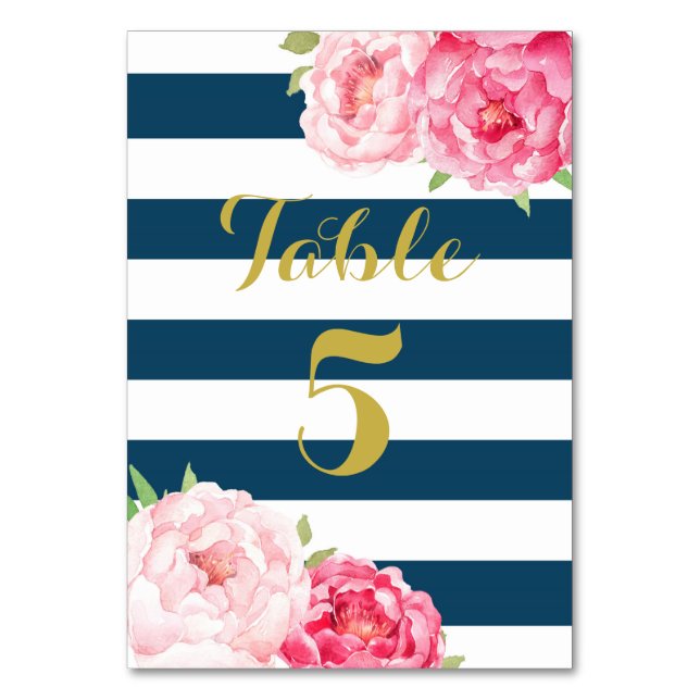Navy Stripes Pink Floral Wedding Table Number Card (Back)