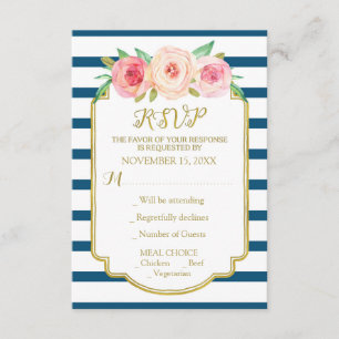 Navy Stripes Pink Flowers Gold Wedding RSVP Card