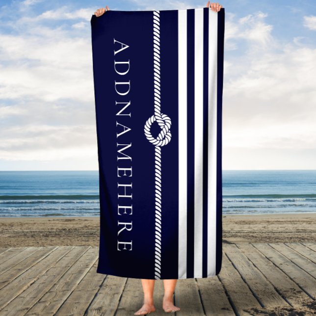 Navy Stripes & Rope Personalized Name Bath Towel (Creator Uploaded)