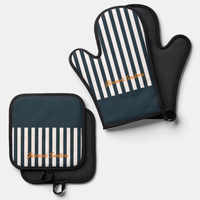 Navy Stripes | The Modern Gentleman's Monogram Oven Mitt & Pot Holder Set (Front/Back)
