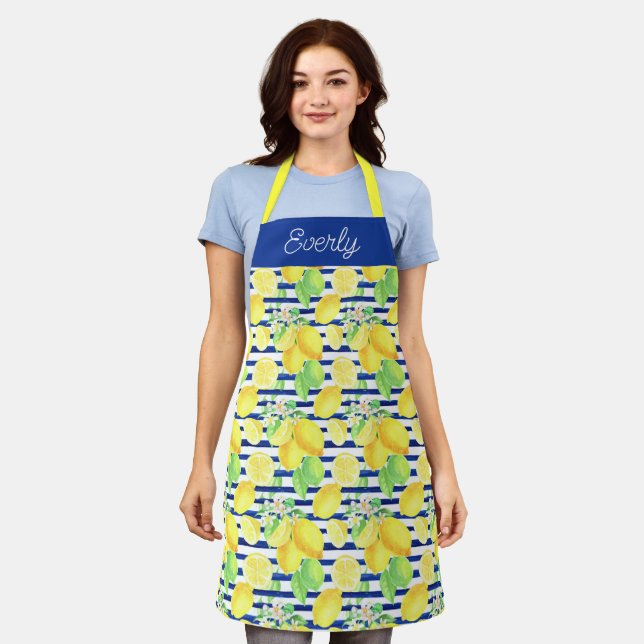 Navy Stripes with Yellow Lemons Pattern Apron (Worn)
