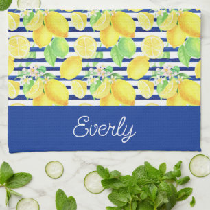 Navy Stripes with Yellow Lemons Pattern Kitchen Towel