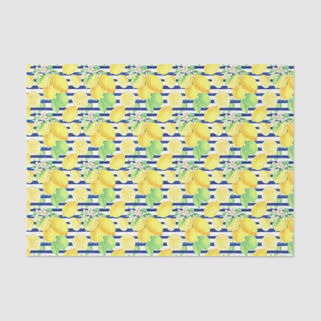 Navy Stripes with Yellow Lemons Pattern Tissue Paper (Front)