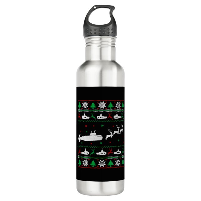 Navy Submarine Submariner Ugly Christmas Sweater 710 Ml Water Bottle (Front)