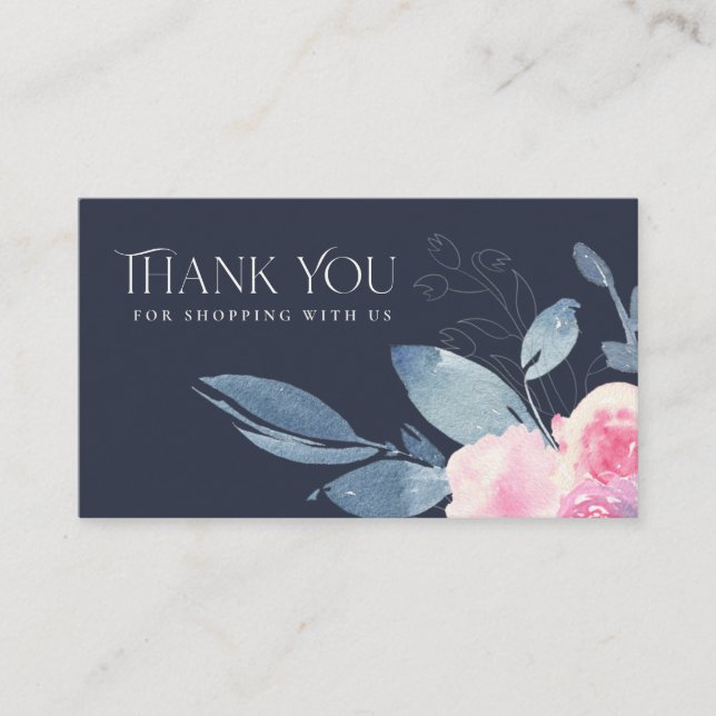 NAVY SUBTLE BLUSH BLUE FLORAL BUSINESS THANK YOU CARD (Front)