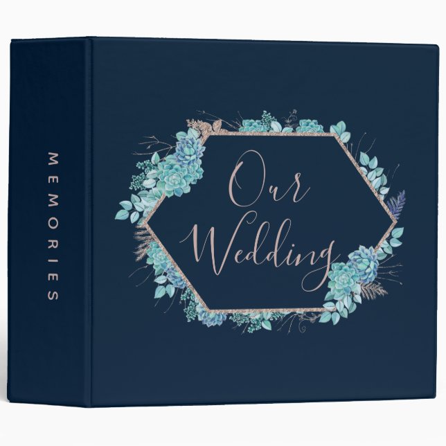 Navy Succulents & Rose Gold Wedding Photo Album Binder (Front/Spine)