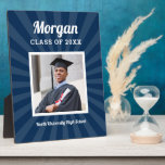 Navy Sunburst Graduation Party Photo Plaque<br><div class="desc">Deep navy blue rays create a polished sunburst backdrop for a custom graduation portrait. Script typography and block lettering showcase the graduate's name,  class year,  and school for a refined keepsake that marks this proud achievement. All text and the photo are fully editable.</div>
