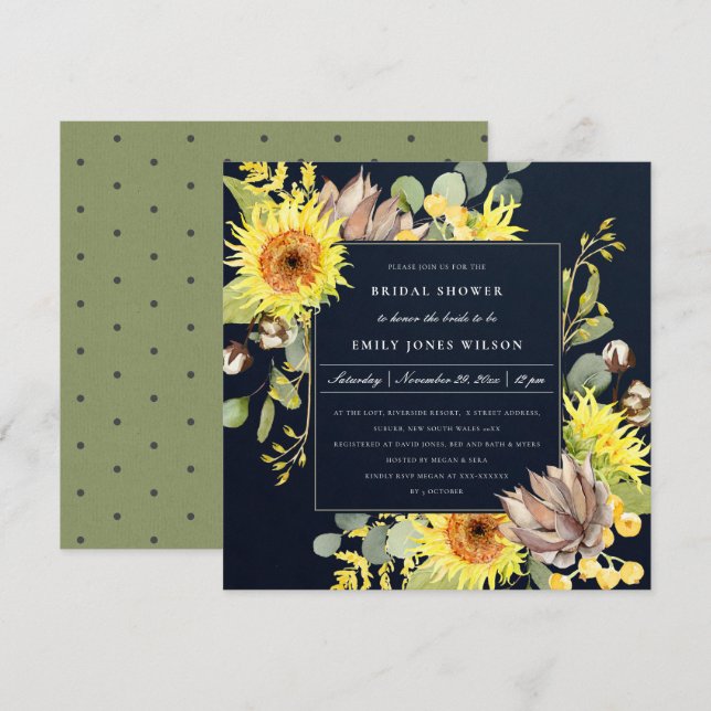 NAVY SUNFLOWER EUCALYPTUS FLORAL BRIDAL SHOWER INVITATION (Front/Back)