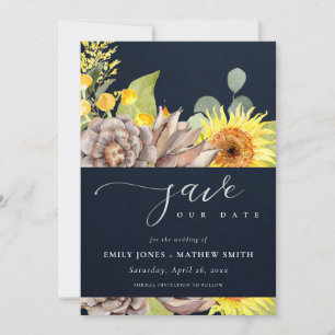 NAVY SUNFLOWER EUCALYPTUS FLORAL SAVE THE DATE INVITATION