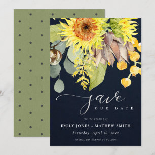 NAVY SUNFLOWER EUCALYPTUS FLORAL SAVE THE DATE INVITATION