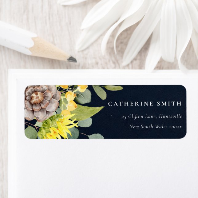 NAVY SUNFLOWER EUCALYPTUS PINE FLORAL ADDRESS (Insitu)