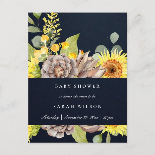NAVY SUNFLOWER EUCALYPTUS PINE FLORAL BABY SHOWER INVITATION POSTCARD (Front)