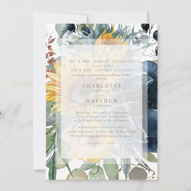 Navy Sunflower Fall Floral White Wedding  Invitation (Front)