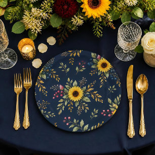 Navy Sunflower Floral Botanical Pattern Paper Plate