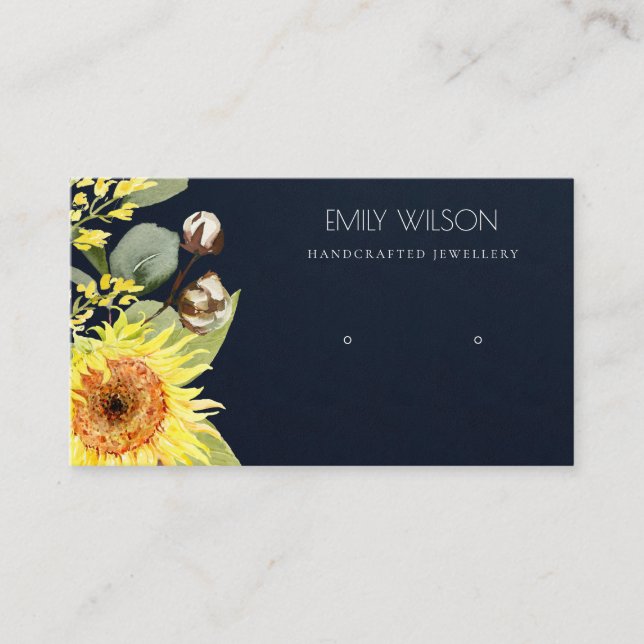 NAVY SUNFLOWER LEAVES FLORAL EARRING DISPLAY LOGO BUSINESS CARD (Front)