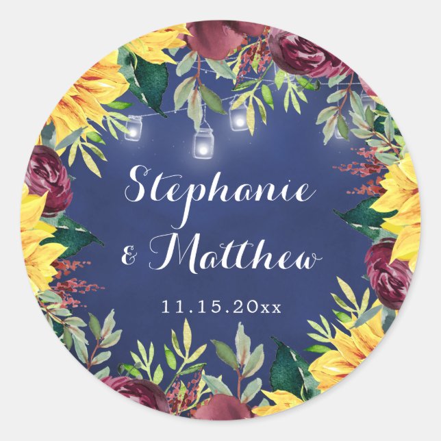 Navy Sunflower Mason Jars Lights Floral Wedding Classic Round Sticker (Front)