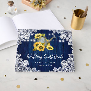 Navy Sunflower Watering Can String Lights Wedding Guest Book