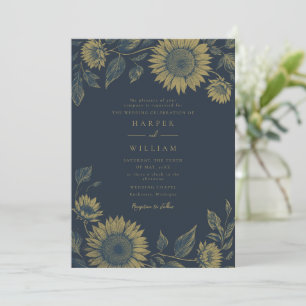 Navy sunflower wedding invitation