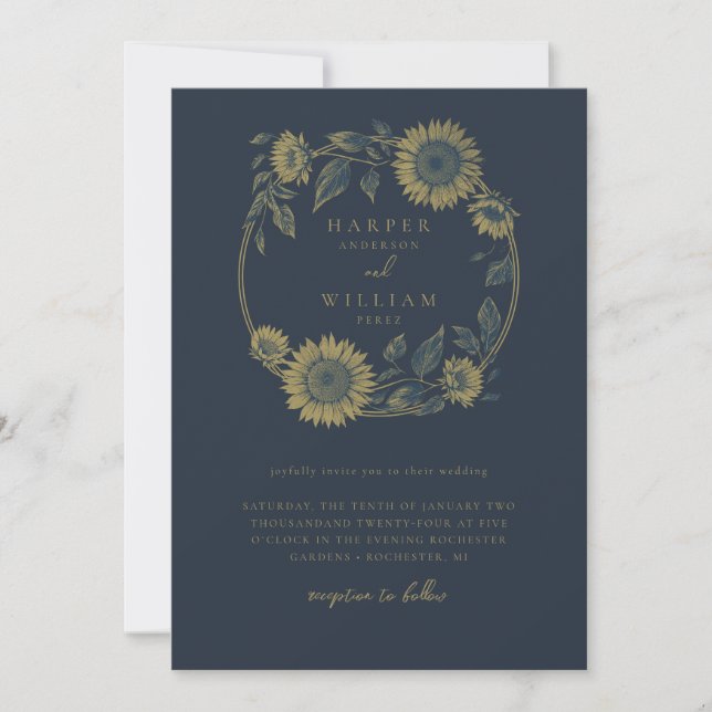 navy sunflower wreath wedding invitation (Front)