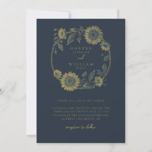 navy sunflower wreath wedding invitation