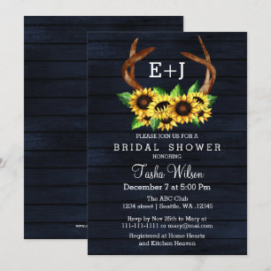Navy Sunflowers Antlers Country Chic Bridal Shower Invitation