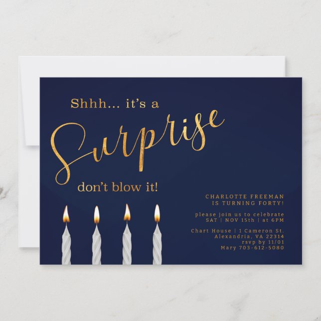 Navy Surprise Birthday Invitation – Elegant Gold  (Front)
