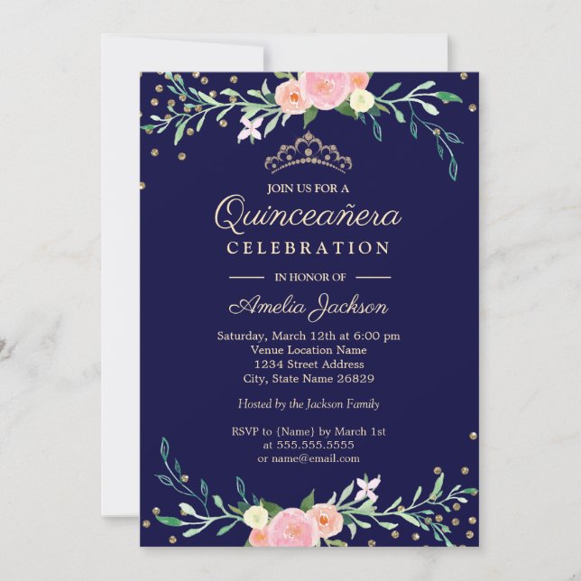 Navy Sweet Floral Sparkle Confetti Quinceanera Invitation (Front)