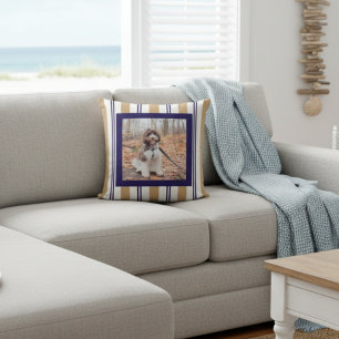 Navy Tan Striped Pet Photo Throw Pillow