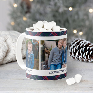 Navy Tartan Plaid Christmas Photo Name Coffee Mug