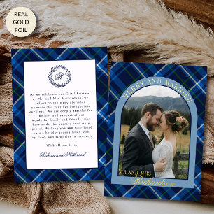 Navy Tartan Plaid First Christmas Married Photo Foil Holiday Card