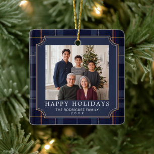 Navy Tartan Plaid Happy Holidays Family Photo Ceramic Ornament