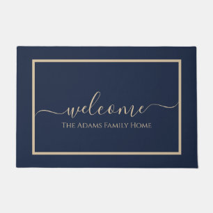 Navy Taupe Elegant Script Family Name Welcome Doormat