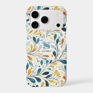 Navy Teal Amber Botanical Leaf Pattern