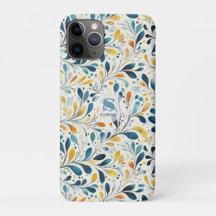 Navy Teal Amber Botanical Leaf Pattern iPhone 11 Pro Case