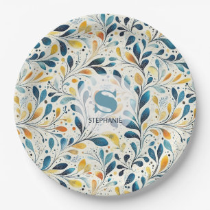 Navy Teal Amber Botanical Leaf Pattern Paper Plate
