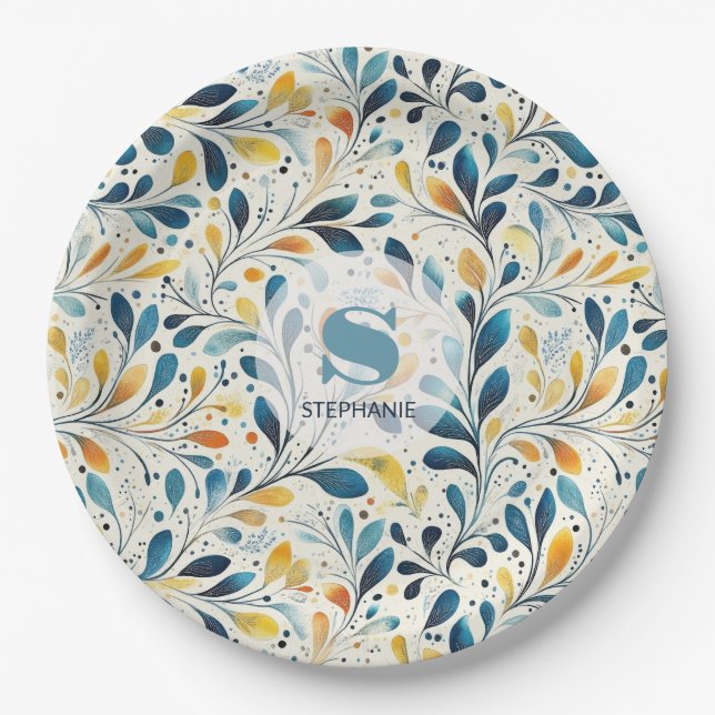 Navy Teal Amber Botanical Leaf Pattern Paper Plate (Front)