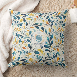Navy Teal Amber Botanical Leaf Pattern Throw Pillow