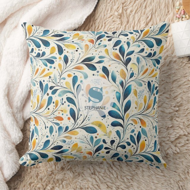 Navy Teal Amber Botanical Leaf Pattern Throw Pillow (Blanket)