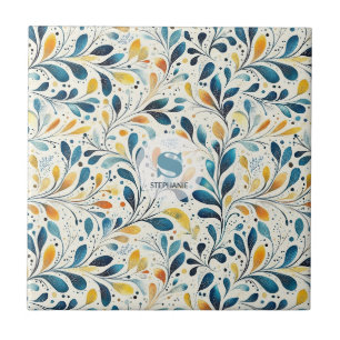 Navy Teal Amber Botanical Leaf Pattern Tile